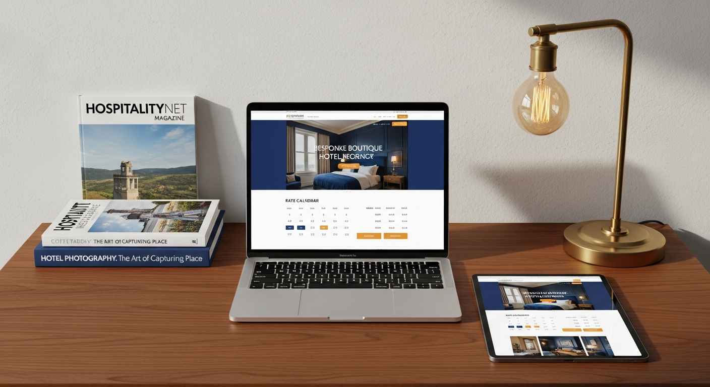 Bespoke hotel website mockup on an iPad and MacBook, warm walnut desk, hospitality-industry publications stacked to one side.