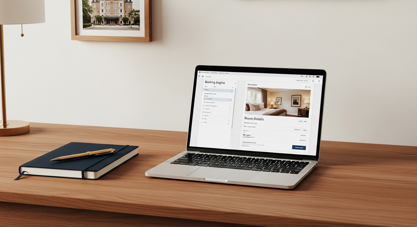 Bespoke hotel website mockup on a MacBook, real portfolio site rate calendar visible.