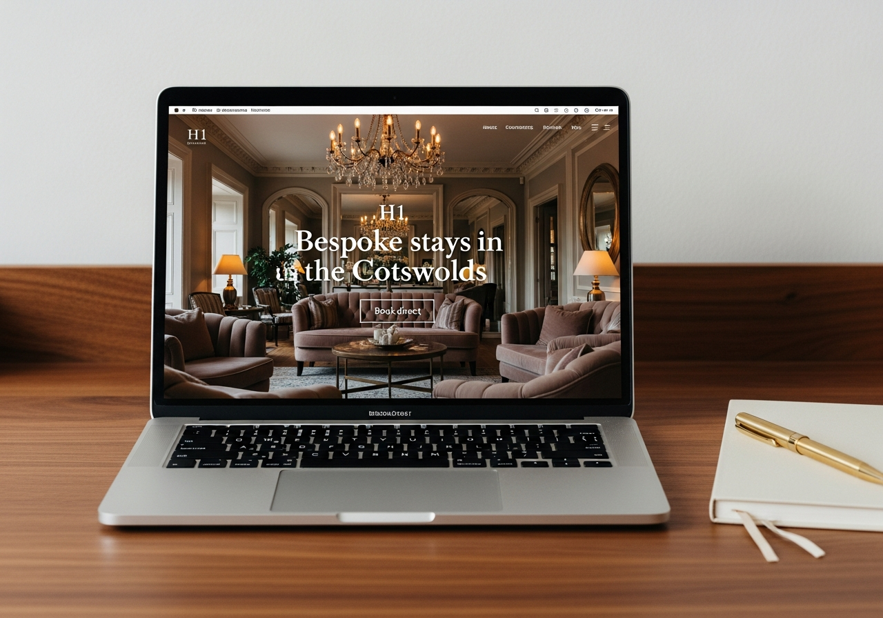 Screenshot of a boutique hotel website homepage with Cloudbeds rate calendar.