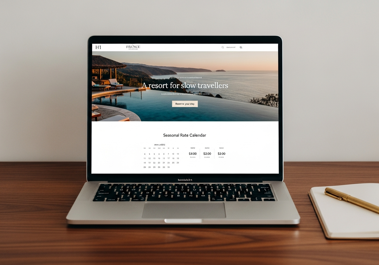 Screenshot of a destination resort website with seasonal rate calendar and spa module.